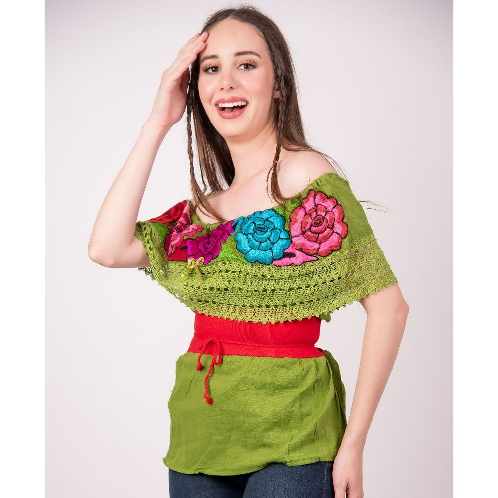 Mexican Off the Shoulder Zinacantan Blouse Green